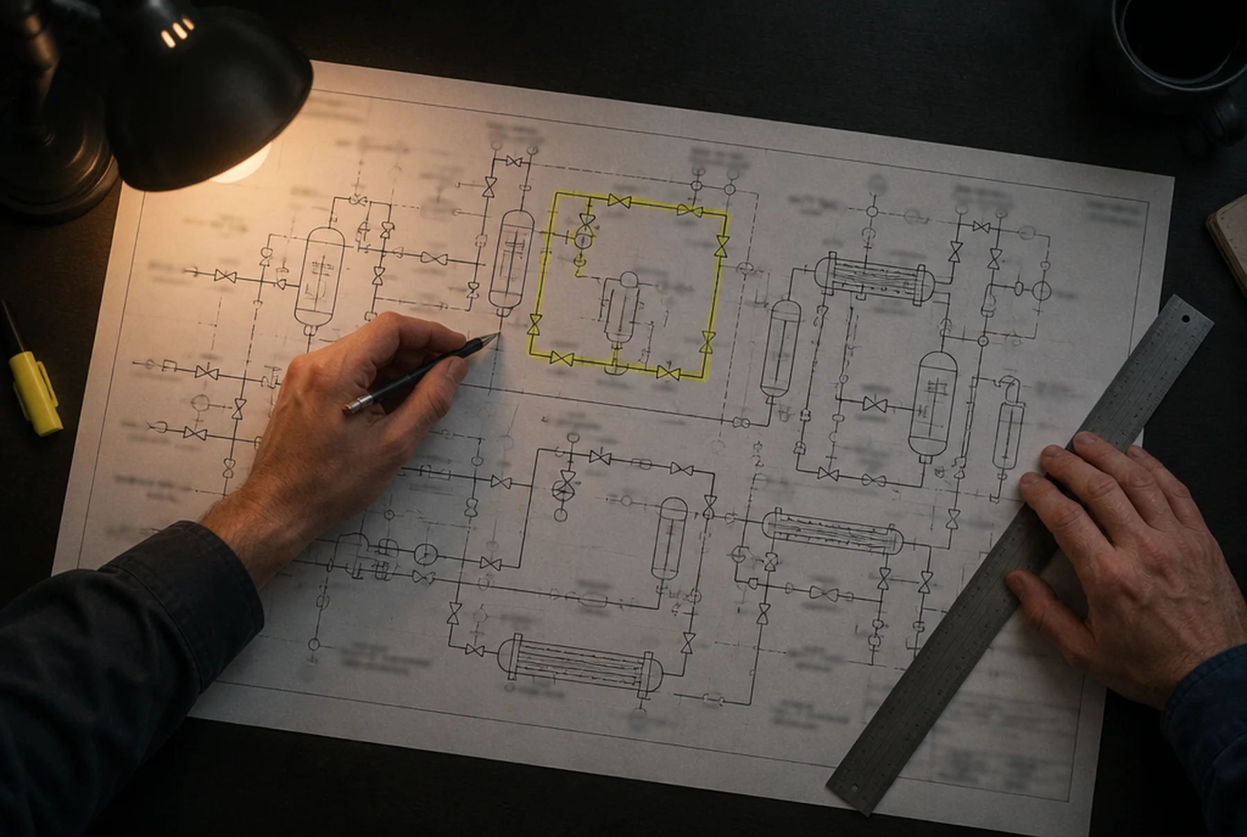 A piping and instrumentation diagram on a desk, one loop marked with a highlighter, an engineer's hand resting on it with a pencil.